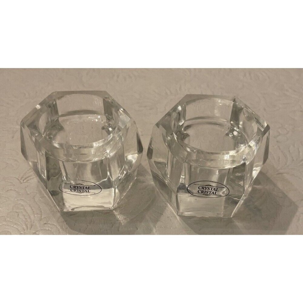 Pair Cristal Crystal Candlestick Holders Tapers 24% Lead 2” Hexagon